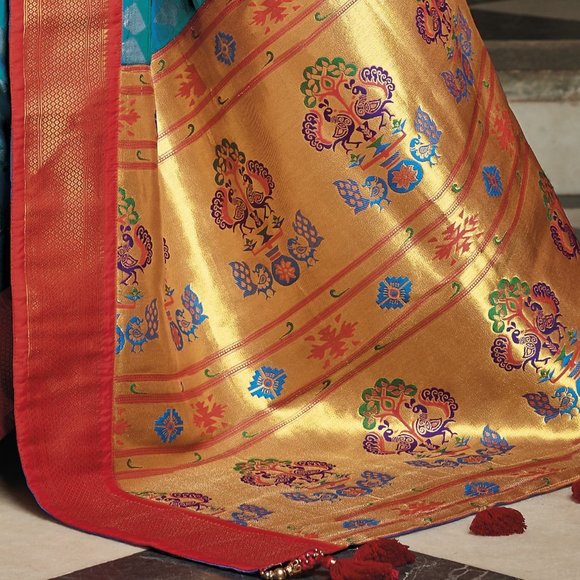 JHEAPS RAMAR BLUE ZARI WOVEN PAITHANI SILK SAREE WITH DESIGNER BLOUSE - Picture 4 of 4